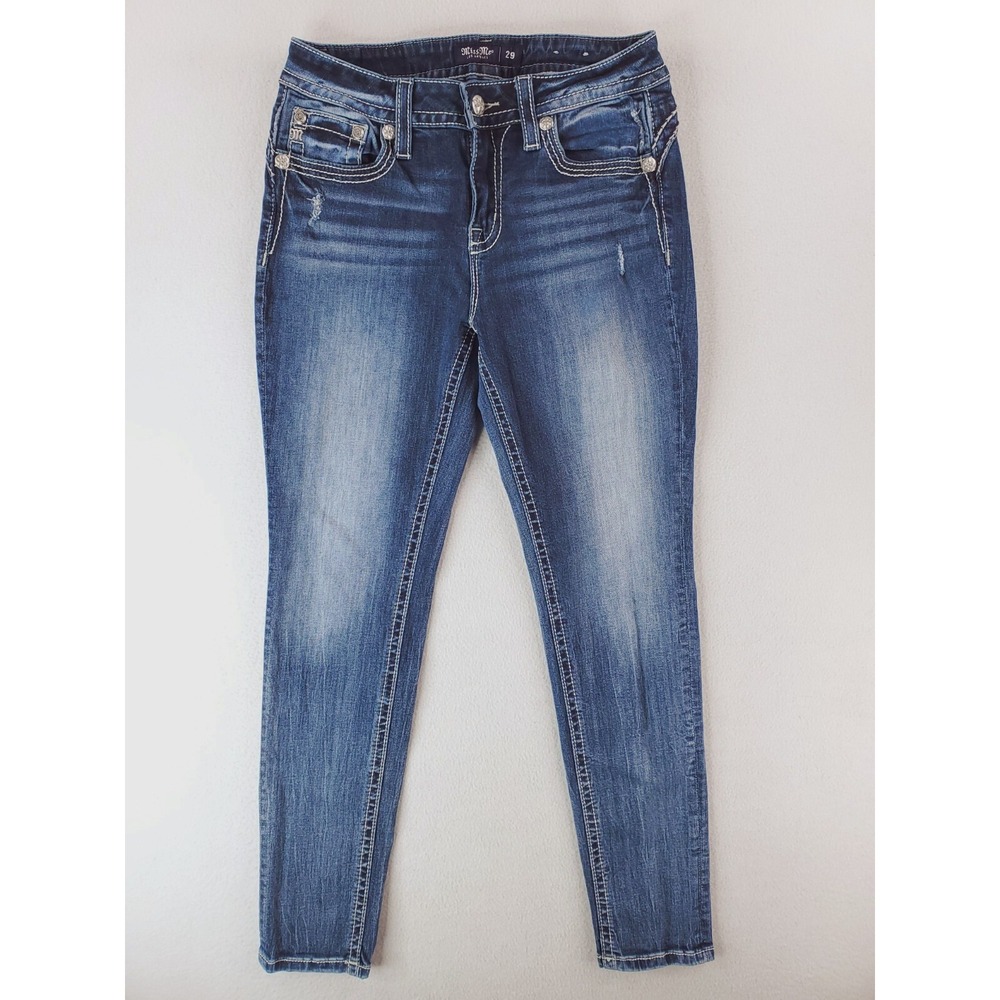 Miss Me Jeans Womens 29 Blue Skinny Mid Rise Distressed Thick Stitch Western